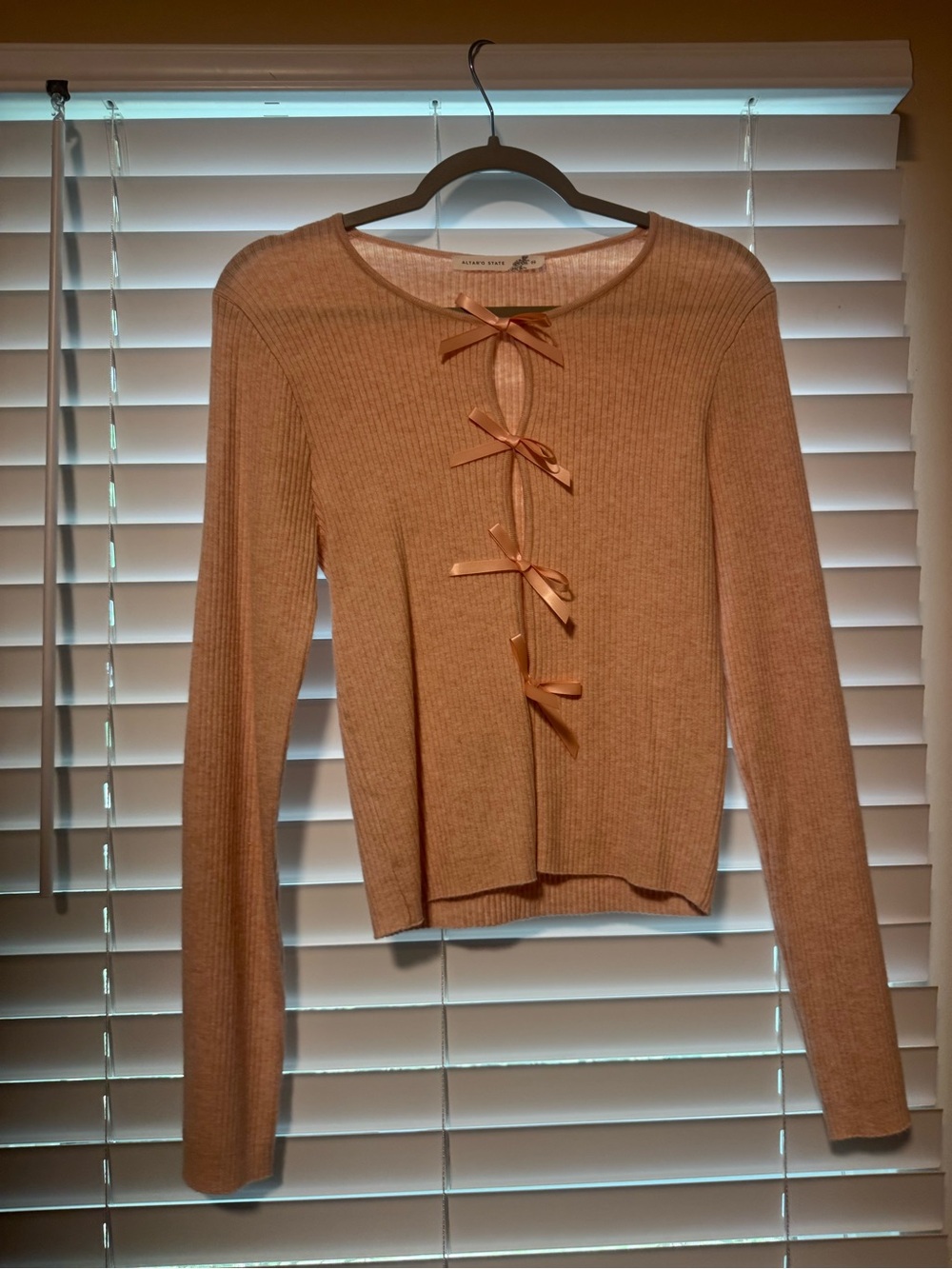 Altar'd State pink Ribbed Long Sleeve Top with Front Bow Ties